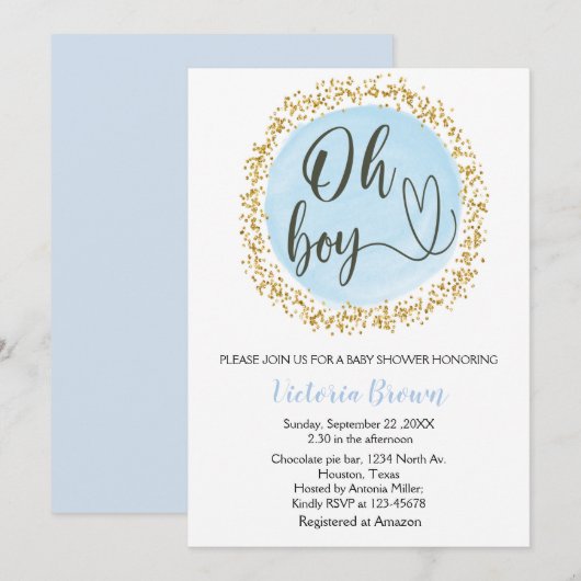Invitation Aquarelle Bleu Gold Confetti Baby shower Oh boy (Devant / Derrière)