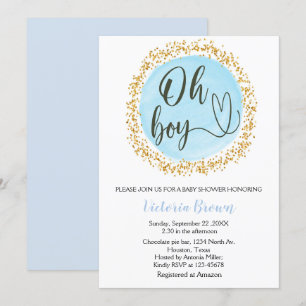 Invitation Aquarelle Bleu Gold Confetti Baby shower Oh boy