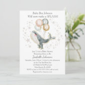 Invitation Aquarelle bleu gris or Baby shower mou baleine (Debout devant)