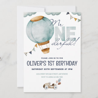 Invitation Aquarelle Bleu Hot Air Balloon M. ONEderful Boy