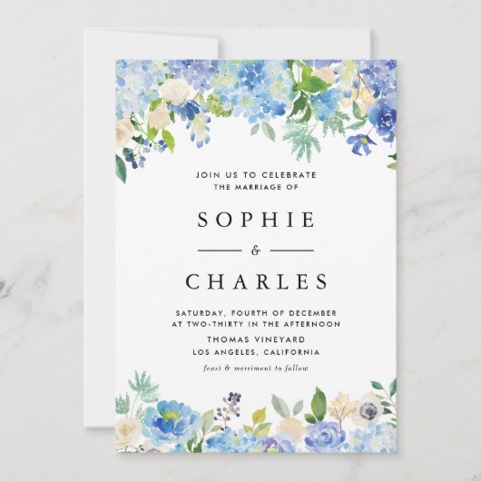 Invitation Aquarelle bleu Hydrangea Fleurs Mariage (Devant)