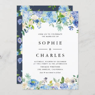 Invitation Aquarelle bleu Hydrangea Fleurs Mariage
