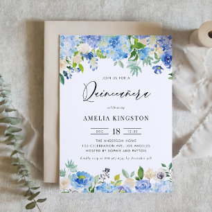 Invitation Aquarelle bleu Hydrangea Floral Quinceañera