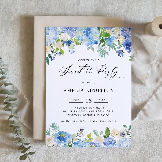Invitation Aquarelle bleu Hydrangea Floral Sweet 16 Party