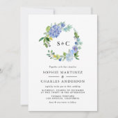 Invitation Aquarelle bleu Hydrangea Mariage de couronnes (Devant)