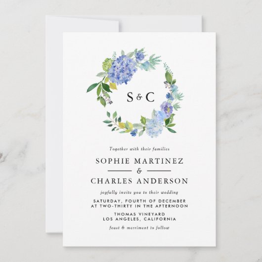Invitation Aquarelle bleu Hydrangea Mariage de couronnes (Devant)