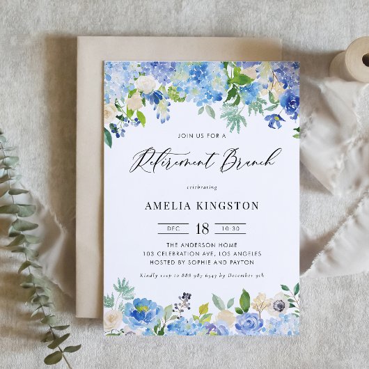 Invitation Aquarelle Bleu Hydrangée Retraite Florale Brunch