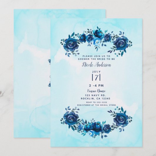 Invitation Aquarelle bleu Indigo Fête des mariées florale rus (Devant / Derrière)