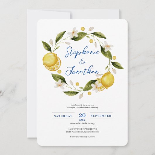 Invitation Aquarelle bleu Italia Citron Calligraphie Mariage  (Devant)