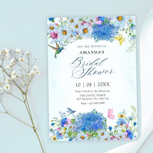 Invitation Aquarelle bleu jardin fleuri douche nuptiale
