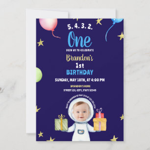 Invitation Aquarelle Bleu & Jaune Astronaute 1er Anniversaire