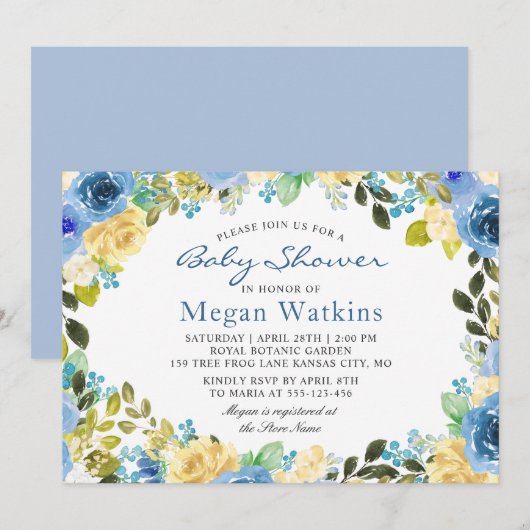 Invitation Aquarelle bleu Jaune Baby shower Fleurs (Devant / Derrière)