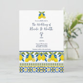 Invitation Aquarelle bleu jaune citron Mariage méditerranéen (Debout devant)