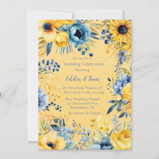 Invitation Aquarelle bleu jaune Mariage (Devant)