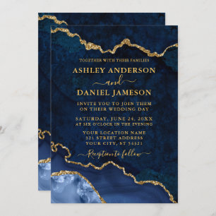 Invitation Aquarelle Bleu Marbre Agate Géode Mariage Or