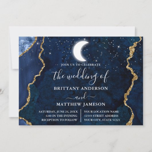 Invitation Aquarelle bleu marbre Mariage céleste (Devant)