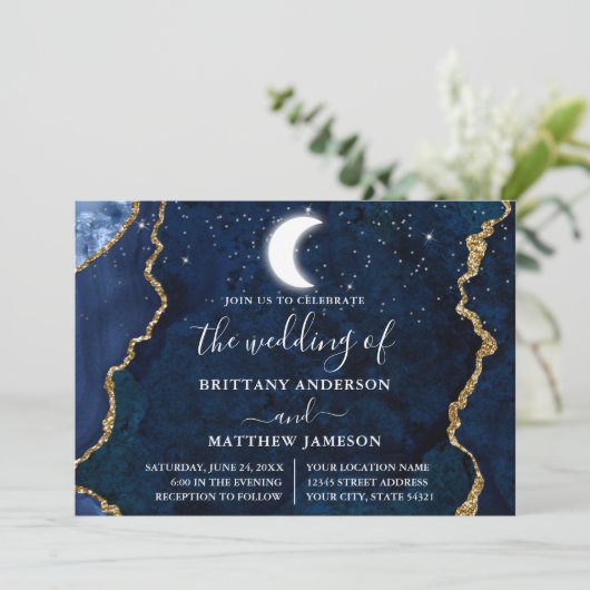 Invitation Aquarelle bleu marbre Mariage céleste (Debout devant)