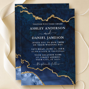 Invitation Aquarelle Bleu Marbre Or Agate Géode Mariage