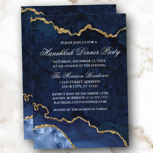 Invitation Aquarelle Bleu Marbre Or Géode Hanoukka Dîner