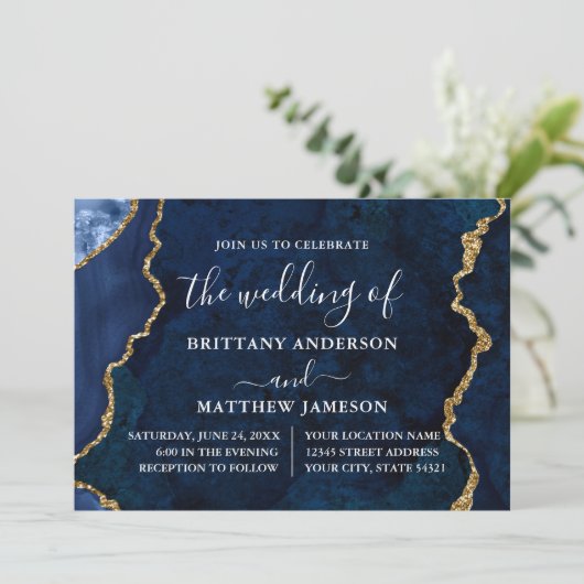 Invitation Aquarelle bleu marbre or Mariage photo (Debout devant)