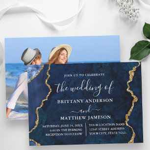 Invitation Aquarelle bleu marbre or Mariage photo