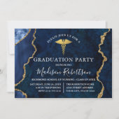Invitation Aquarelle Bleu Marbre Or Médicale Grad Party (Devant)