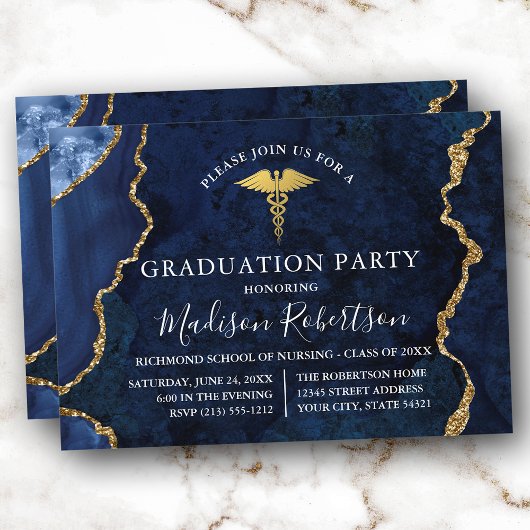 Invitation Aquarelle Bleu Marbre Or Médicale Grad Party
