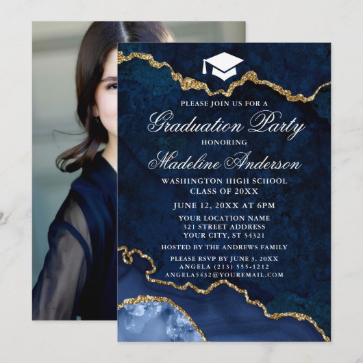 Invitation Aquarelle Bleu Marbre Partie de Graduation Photo (Devant / Derrière)