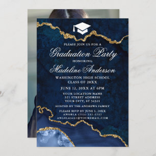 Invitation Aquarelle Bleu Marbre Partie de Graduation Photo