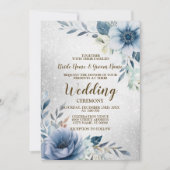 Invitation Aquarelle bleu mariage Fleurs d'Aquarelle argent (Devant)