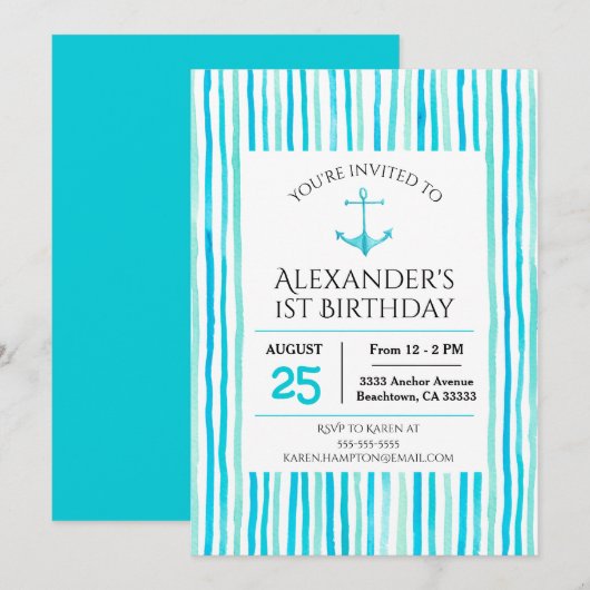 Invitation Aquarelle bleu marine 1er anniversaire (Devant / Derrière)