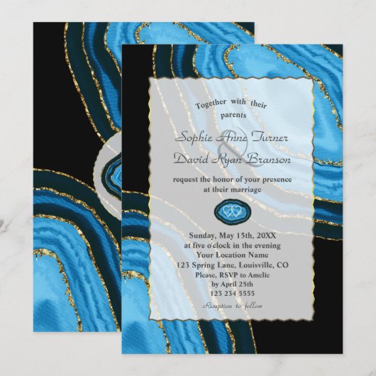 Invitation Aquarelle bleu marine de luxe Agates Pearls Mariag (Devant / Derrière)