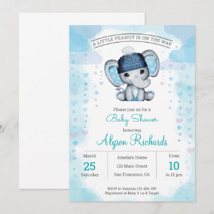 Invitation Aquarelle bleu marine éléphant casquette Baby show