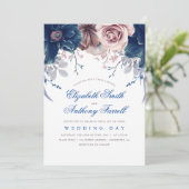 Invitation Aquarelle bleu marine et Mariage floral mauve (Debout devant)