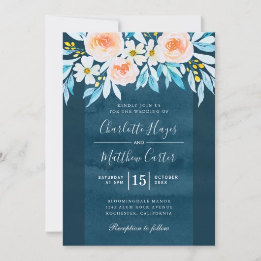 Invitation Aquarelle bleu marine Floral Mariage moderne (Devant)