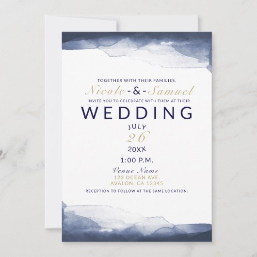 Invitation Aquarelle bleu marine Mariage moderne chic (Devant)