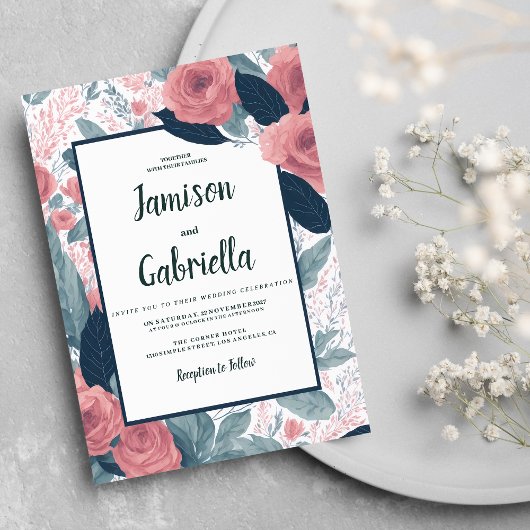 Invitation Aquarelle bleu marine mauve rose Mariage