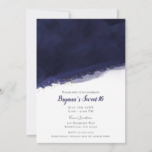 Invitation Aquarelle bleu marine & or Moderne Chic Sweet 16 (Devant)
