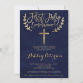 Invitation Aquarelle bleu marine or Première communion sainte (Devant)