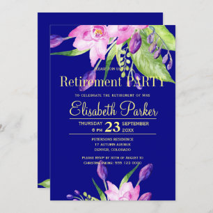 Invitation Aquarelle bleu marine rose pâle fête de retraite f