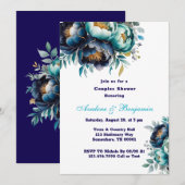 Invitation Aquarelle bleu marine turquoise Peony Couples Douc (Devant / Derrière)