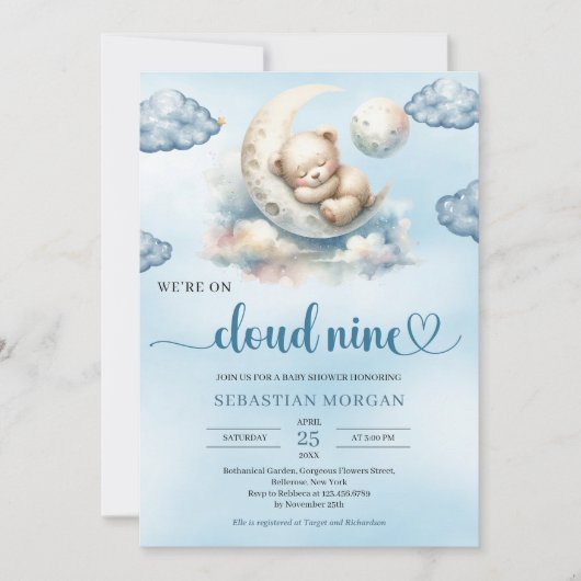 Invitation Aquarelle bleu marron teddy ourson nuage neuf invi (Devant)