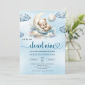 Invitation Aquarelle bleu marron teddy ourson nuage neuf invi (Debout devant)