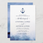 Invitation aquarelle bleu mer thème nautique mariage (Devant / Derrière)