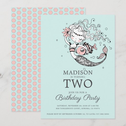 Invitation Aquarelle bleu mignonne sirène 2e anniversaire (Devant / Derrière)