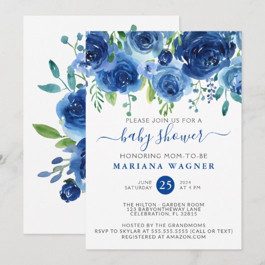 Invitation Aquarelle bleu moderne Baby shower floral garçon (Devant / Derrière)