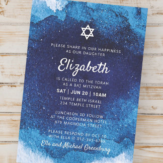 Invitation Aquarelle bleu moderne bat mitzvah