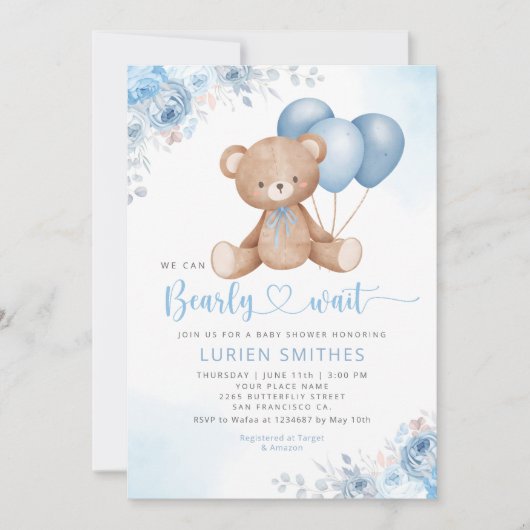 Invitation Aquarelle bleu moderne Boho Teddy Bear Baby shower (Devant)