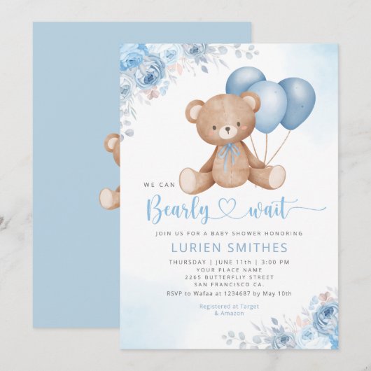 Invitation Aquarelle bleu moderne Boho Teddy Bear Baby shower (Devant / Derrière)