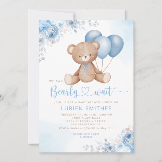 Invitation Aquarelle bleu moderne Boho Teddy Bear Baby shower (Devant)